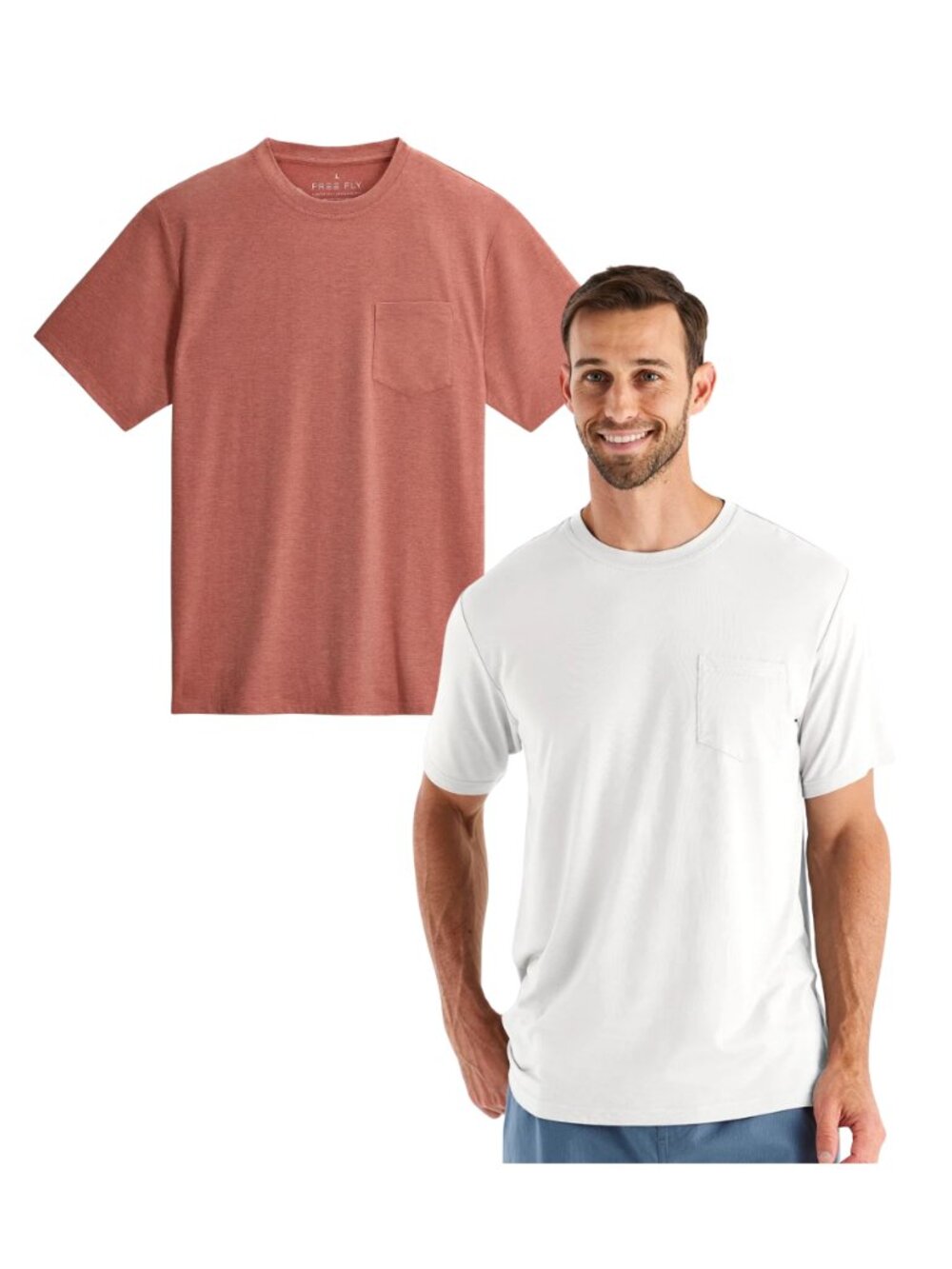 NEW - 2 Free Fly Bamboo Flex Pocket Tees - White & Heather Red Clay